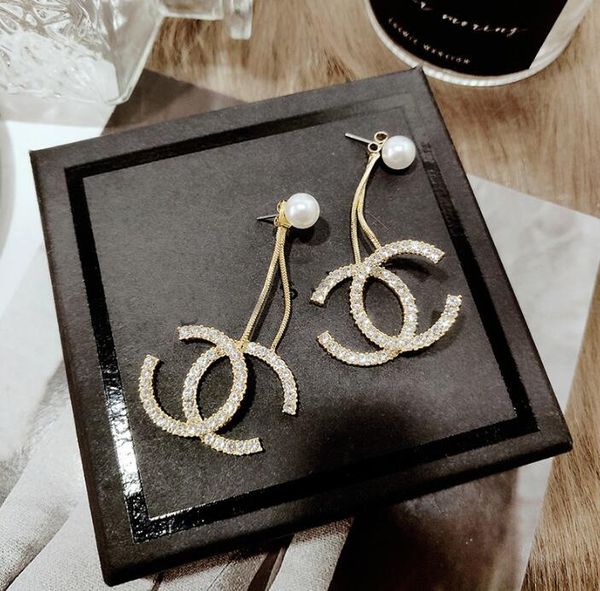 

design brand s925 silver needle pearl pendant earrings fashion diamond wedding letter drop earrings for women girl jewelry