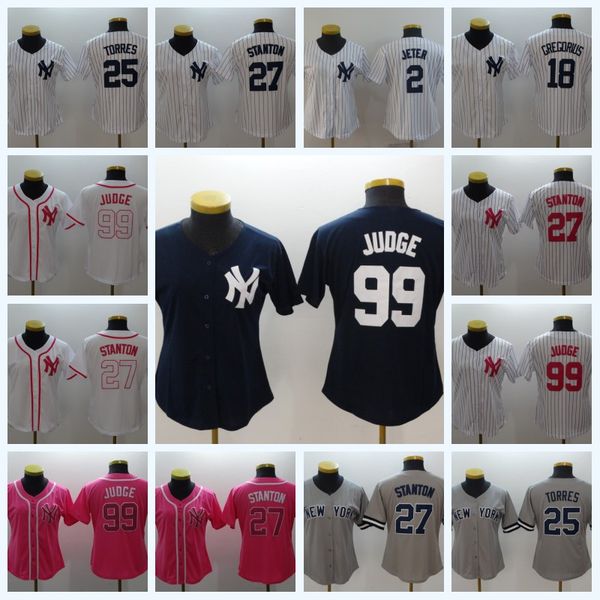 

Womens 99 Aaron Judge 25 Gleyber Torres Yankees 18 Didi Gregorius 27 Stanton 2 Jeter Baseball Jersey Double Stitched Name and Number