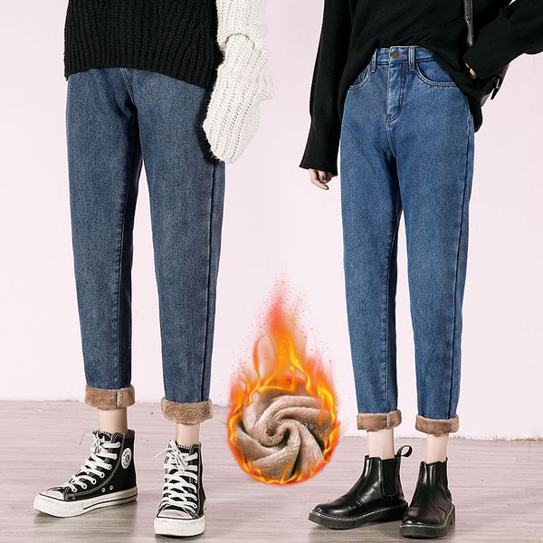

women fleece jeans for women thickening warm jeans pants 2019 high wasit trouser streetpants lady denim harem pants p9286, Blue