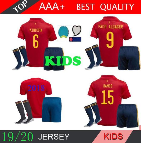 

2018 world 2020 spain kids soccer jersey kit socks ramos isco pique sergio a. iniesta m. asensio thiago morata home shirt football uniforms, Black