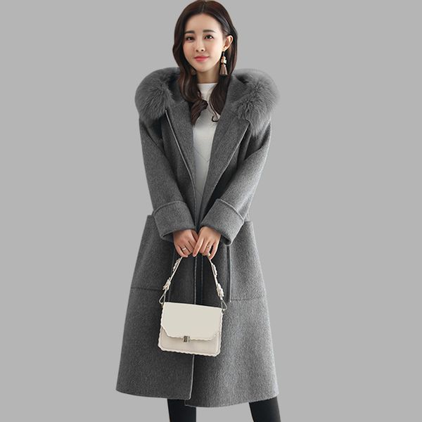 

elegant long section wool coats women's winter new casual hooded outerwear solid color long sleeve loose warm coats women, Black