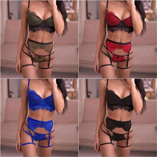 

three pieces women lace lingerie straps and briefs with garter underwear bra set present for girlfriend wedding night, Red;black