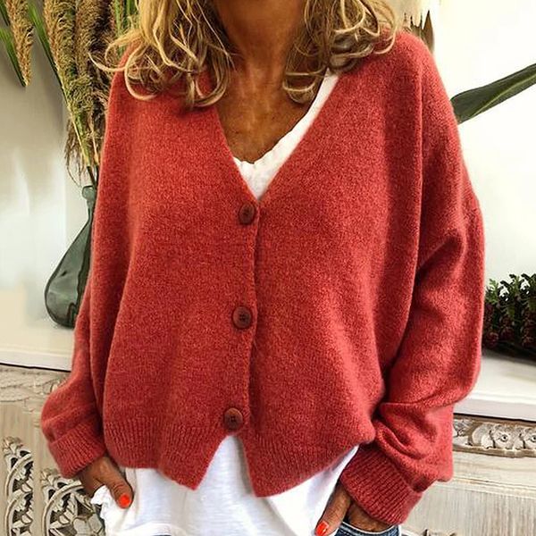 

2019 autumn women cardigans sweater v neck solid loose knitwear single breasted casual knit cardigan outwear winter jacket coat, White