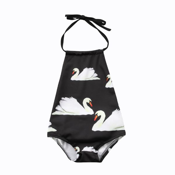 

2019 new fashion kids baby girls swan ruffles swimwear bathing suit summer print lovely stylish black wild sleeveless ch, White
