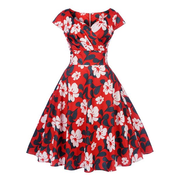 

summer party dress women vintage floral print short sleeve midi dress women clothes 2019 casual red elegant mini dresses, Black;gray