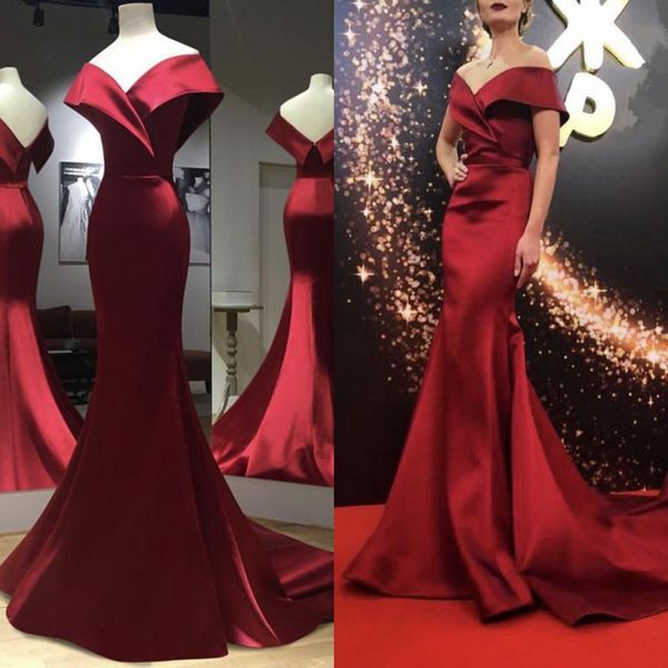 

off the shoulder mermaid prom evening dresses 2019 burgundy satin backless aso ebi african celebrity gowns sweep train, Black