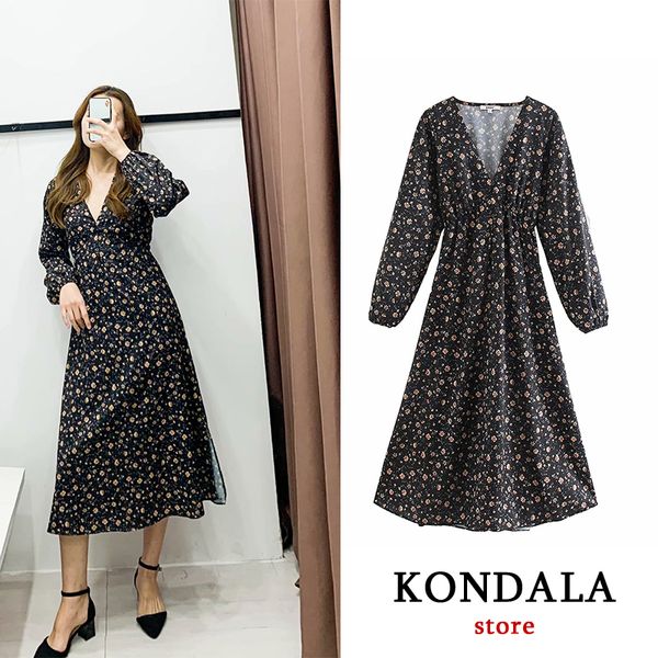 

kondala 2020 new blue floral print v-neck women sashes dresses long sleeves a-line slim autumn long dress female vestidos, Black;gray