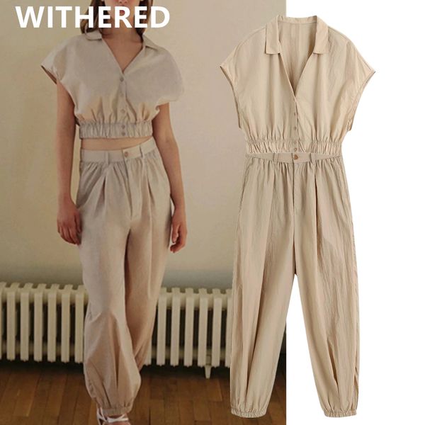 

withered england style vintage simple solid loose cargo short blouse women harem pants women trousers two pieces sets, White
