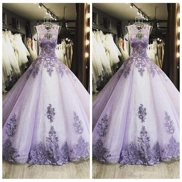 

new luxury lilac quinceanera ball gown dresses illusion lace appliqus tulle hollow back sleeveless floor length party prom evening gowns, Blue;red