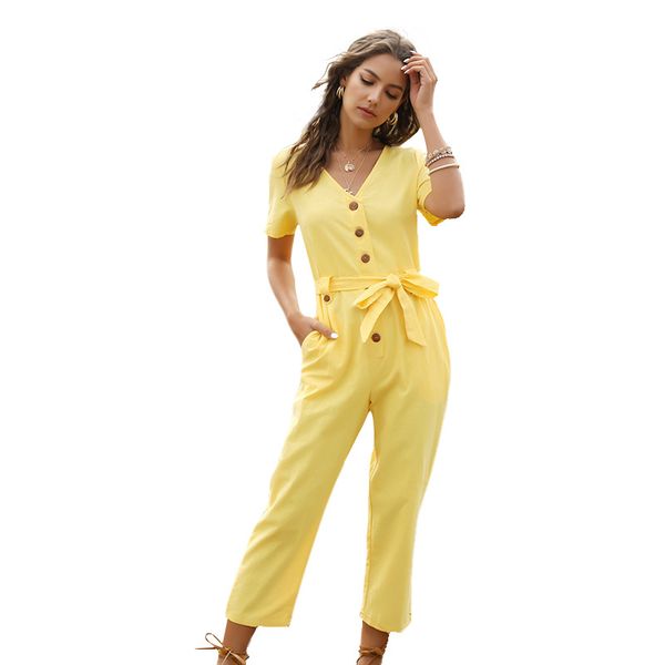 

new european and american fashion women's single-breasted wild nine-point jumpsuit