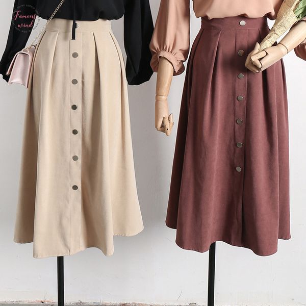 

2020 spring summer womens single breasted midi pleated skirt solid color high waist suede a line jupe japanese school clothes, Black