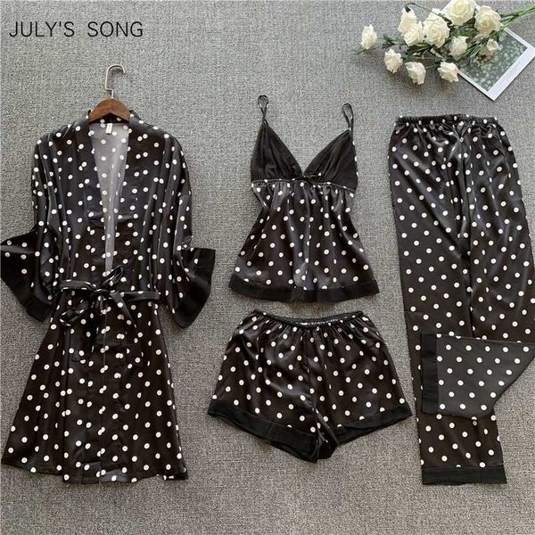 

july's song 4 pcs polka dot pajamas set for women spring summer sleepwear nightgown ladies faux silk satin female pyjamas 2020, Black;red