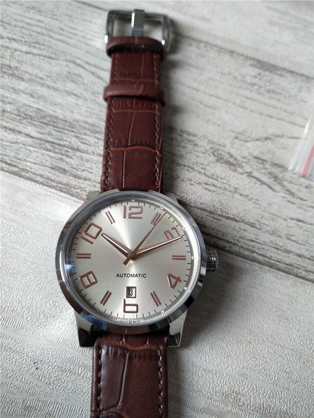 

man watch fashio watch mechanical automatic watch wristwatch black leather strap transparent glass back 012, Slivery;brown