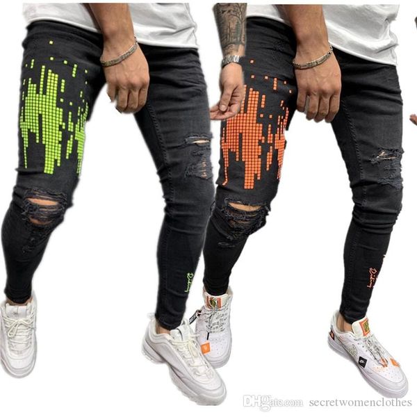 

printed mens brand jeans holes stretch long mens pencil pants skinny distrressed casual male trousers with zipper, Blue