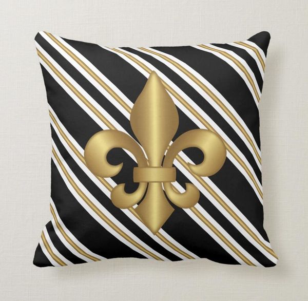 Pillow Case Gold Fleur De Lis On Black White Gold Striped Throw