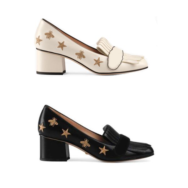 

women high heels designer marmont pumps embroidered pumps thick heel shoes with charming tassel black party shoes size us4-11
