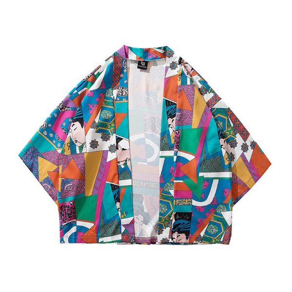 

geometric pattern stitching japanese kimono summer japanese five point sleeves kimono mens and womens cloak jacke blouse, White;black