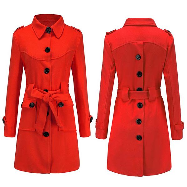 

fashion autumn winter wool coat female long sleeve turn down collar slim belt solid color nice long coat single breasted 7q2181, Black
