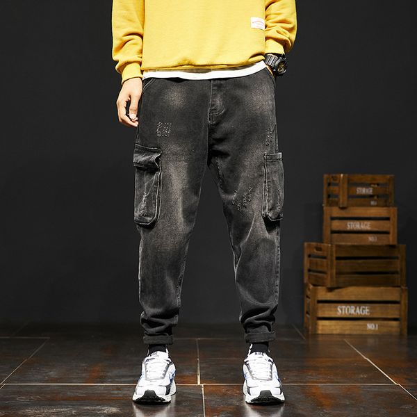 

fashion streetwear men jeans loose fit big pocket denim cargo pants harem jeans men elastic small leg hip hop homme, Blue