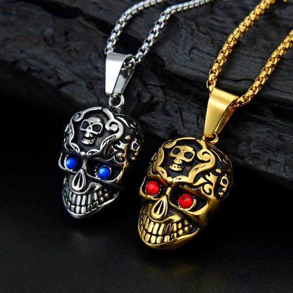 

valily men's punk pendant necklace gold chain skeleton red eye necklaces stainless steel jewelry for men, Silver