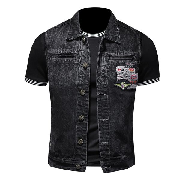 

mens motorcycle denim vest embroidery patch desgin waistcoat multiple badges trucker casual jean sleeveless jackets coat for men, Black;white