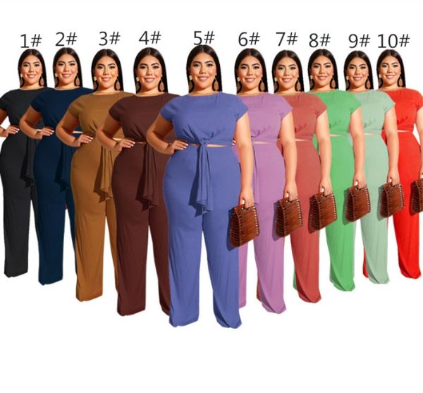 Atacado Plus Size Size Trass Ruas de pernas largas Suits Summer Fashion Bandrage Tops Straight calças 2 Peças Conjunto de mulheres casuais Clothing K1815