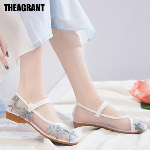 

theagrant chinese vintage shoes women buckle strap embroider mary janes elegant casual shoes mesh spring ladies flats whh3021, Black