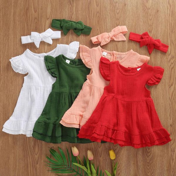 

girl's dresses toddler girl short sleeve dress solid color ruffle fold decoration simple elegant child clothing 100% cotton princess, Red;yellow