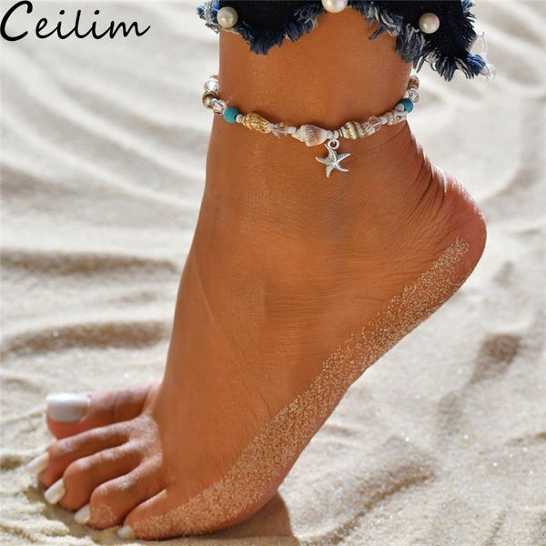 

handmade shell pendant anklet beads starfish for women antique silver color vintage barefoot sandal statement bracelet foot chain boho jewel, Black