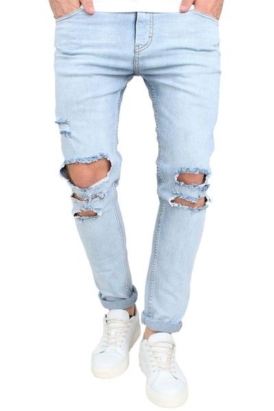 

men spring summer cotton straight hip hop slim fit ripped keen hole jeans men casual skinny blue denim straight pants g3p2