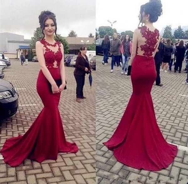 

dark red sheer neck prom dresses mermaid appliques lace elegant plus size party women long prom gown evening dresses 2020, Black