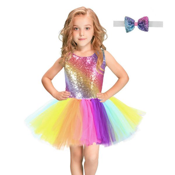 

retail girls halloween christmas unicorn sequins rainbow gauze tutu princess dress kids designer dress cosplay costumes clothing 50% off, Red;yellow