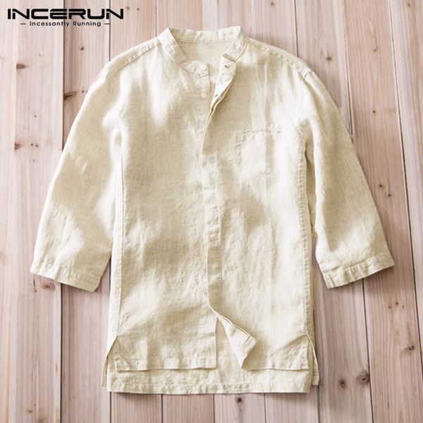 

incerun 2019 vintage cotton men shirt three-quarter sleeve stand collar solid loose male blouse breathable casual shirt men, White;black