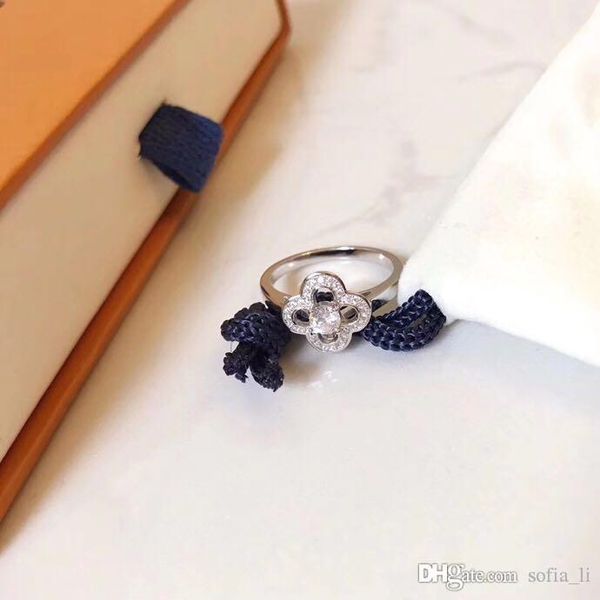

female luxury design ring designer ring 2019 new full diamond clover germany imported s925 sterling silver adjustable box card, Golden;silver