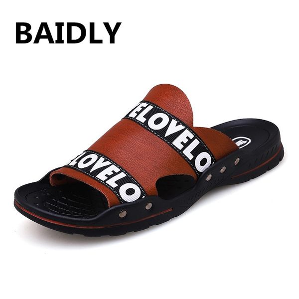 

men casual sandals summer mens slippers british man beach slippers cow leather lazy men's flip flop, Blue;gray