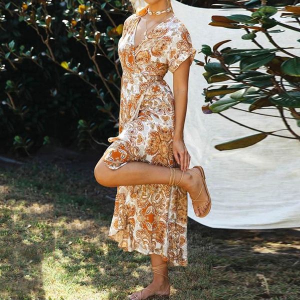 

cover-ups sagace retro dress women 2021 flower printed boho beach dresses and tunics v-neck short sleeve stitching irregular sundres