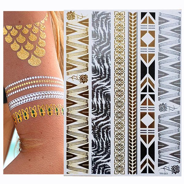 

women's leaves rose tattoos metalic gold silver flash temporary waterproof tattoo stickers