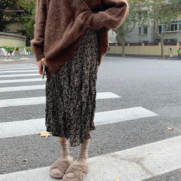 

black pleated chic gentle office lady stylish vintage all match sweet print floral elastic waist long skirts