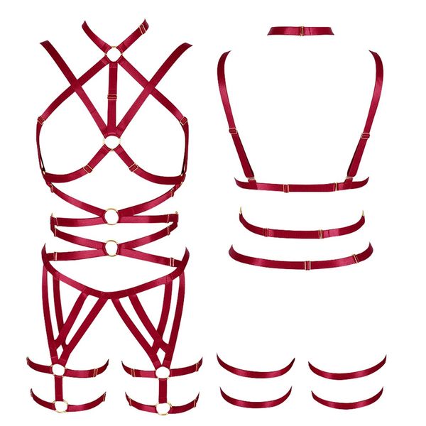 

crop strappy body harnes set chest belt red lingerie goth punk garter belt elastic plus size women bra hollow out party rave, Black;white