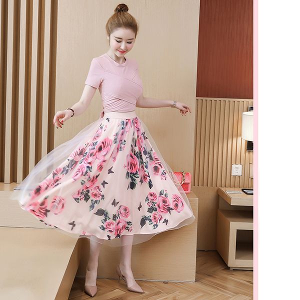 

two pieces set women irregular t-shirt + mesh skirts suits solid knot vintage floral skirt sets elegant woman, White