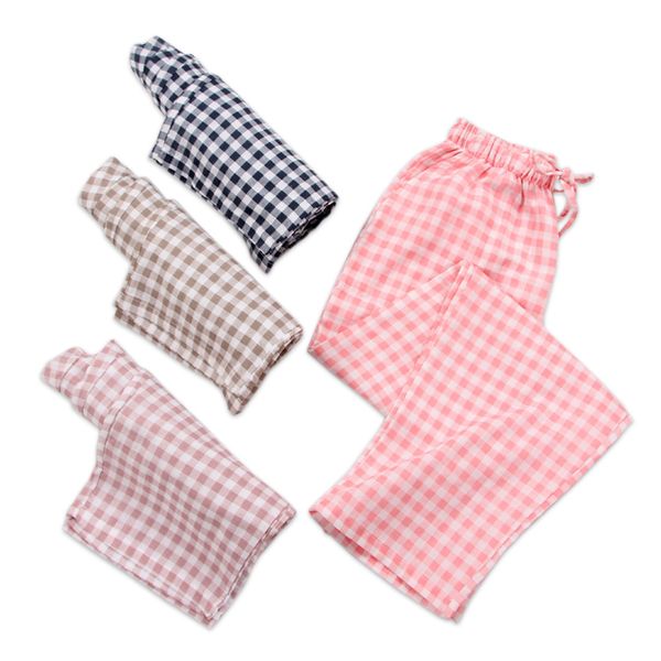 

simple plaid soft summer sleep bottoms women 100% gauze cotton ladies pajamas home trousers sleep pants sheer pants women, Black;red
