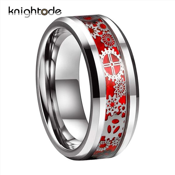 

8/6mm men women wedding band mechanical gear wheel tungsten ring beveled edges with red purple black blue carbon fiber inlay, Golden;silver