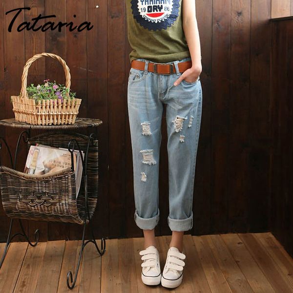 

tataria women's hole ripped jeans women loose ankle-length harem pants trousers boyfriend jeans for womens casual denim, Blue