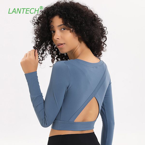 

lantech женщины назад открытой тренировки спортивная с длинным рукавом slim fit o-образным вырезом йога фитнес crop tops тренажерный зал act