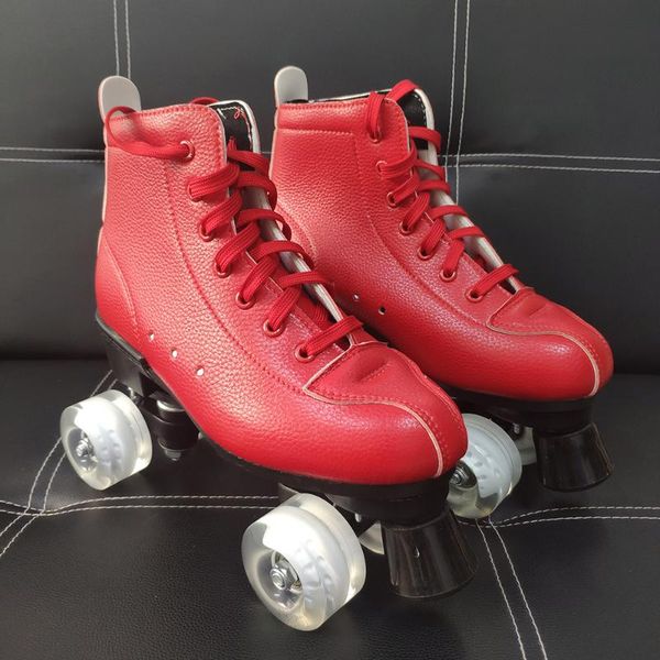 

red artificial leather roller skates shoes 4 wheels with durable pu brake woman man outdoor pantines shoes