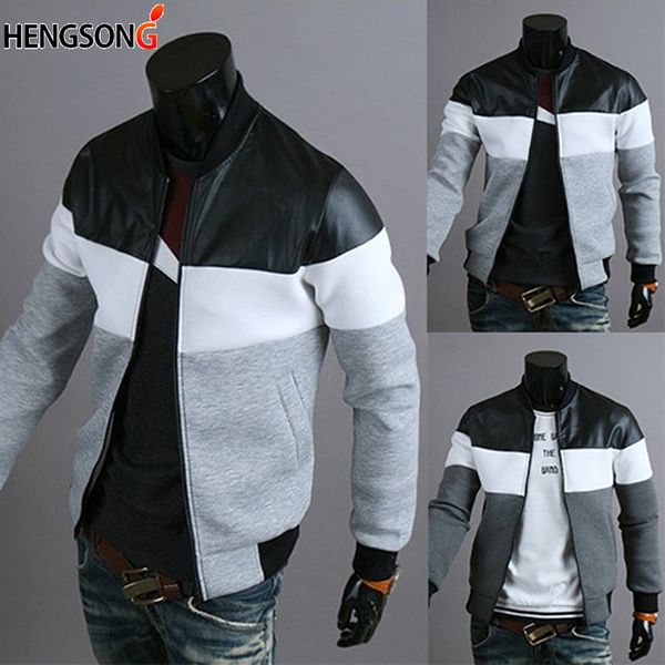 

men patchwork outerwear casual stand collar zipper jackets plus size men jacket coat autumn clothing, Black;brown
