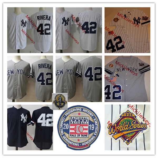 

Mens NCAA Mariano Rivera retirement Patch Jersey Stitched NY #42 Mariano Rivera 2019 HOF Jerseys white grey navy S-3XL