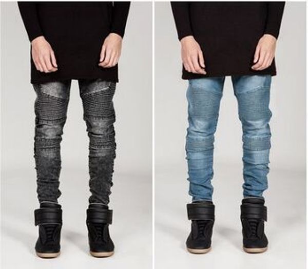 

motocycle jeans trousers men pleated denim jeans fashion homme, Blue