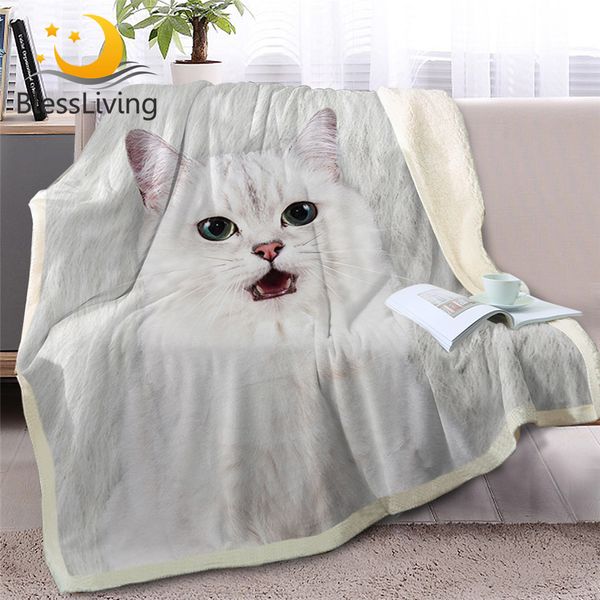 

blessliving white cat throw blanket on bed sofa animal sherpa blanket 3d print pet kids bedspreads fur plush manta 130cmx150cm