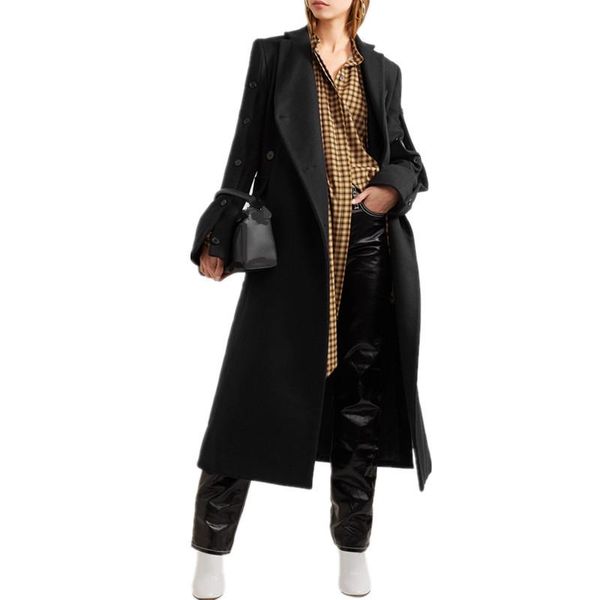 

new uk 2019 spring winter women oversized double breasted wool blended long coat female outerwear manteau femme abrigos mujer, Black